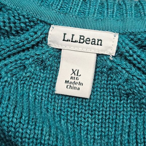 LL Bean Cotton Sweater XL Teal Green Cable Knit Pullover Crew Neck Casual Preppy - Picture 8 of 12